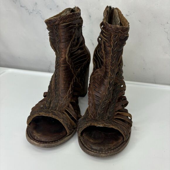 Freebird Booties Heel Bela braided laser cut brown leather Sz 8 Boho Westen - Picture 8 of 16